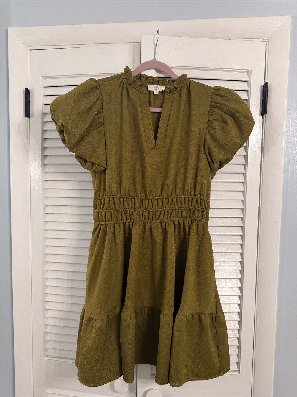 Entro Olive Green Puff Sleeve Tiered Dress
